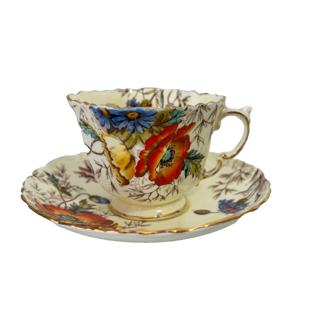 30s Aynsley Bone China Teacup Saucer Set Wild Poppy Cornflower Hand Painted Flaw